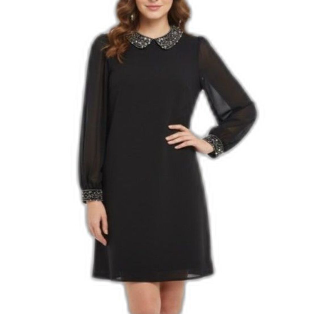 S.L. Fashions Women's Black Chiffon Beaded Detail LS Shift Mini Dress Sz 10